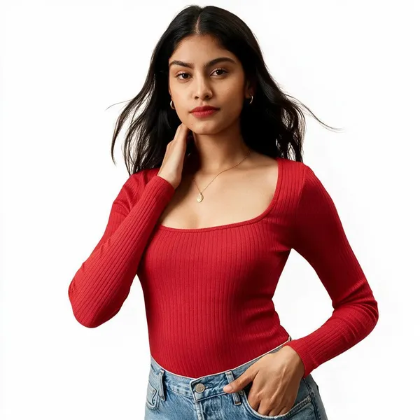 Red_Rib_Full_Sleeve_Square_Neck_Top_For_Women