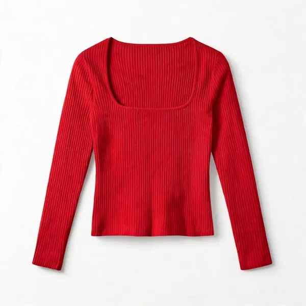 Red_Rib_Full_Sleeve_Square_Neck_Top_For_Women