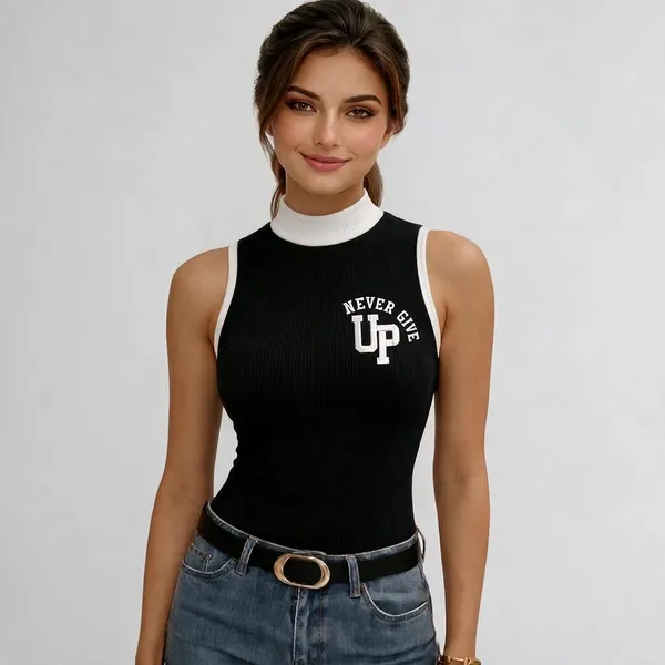 Black_Rib_Sleeveless_Contrast_High_Neck_Print_Top_For_Women