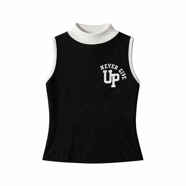 Black_Rib_Sleeveless_Contrast_High_Neck_Print_Top_For_Women