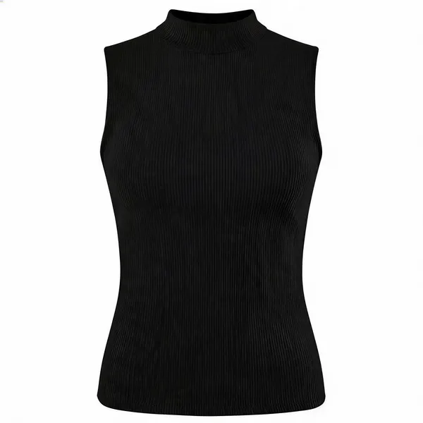 Black_Rib_Sleeveless_Fitted_High_Neck_Top_For_Women