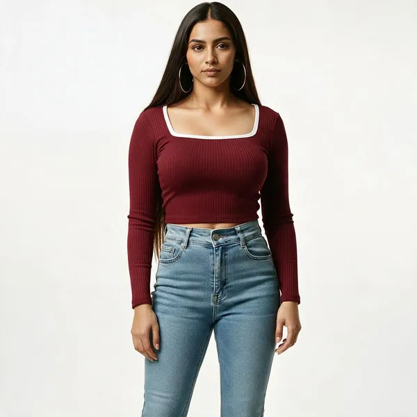 Maroon_Rib_Slim_Fit_Contrast_Crop_Top_For_Women