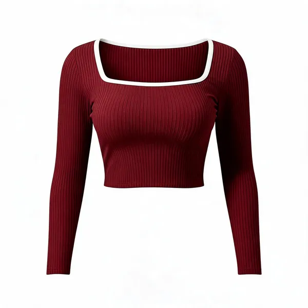 Maroon_Rib_Slim_Fit_Contrast_Crop_Top_For_Women
