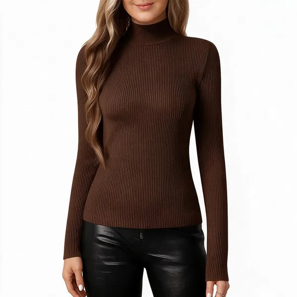 Brown_Rib_Slim_Fit_High_Neck_Top_For_Women