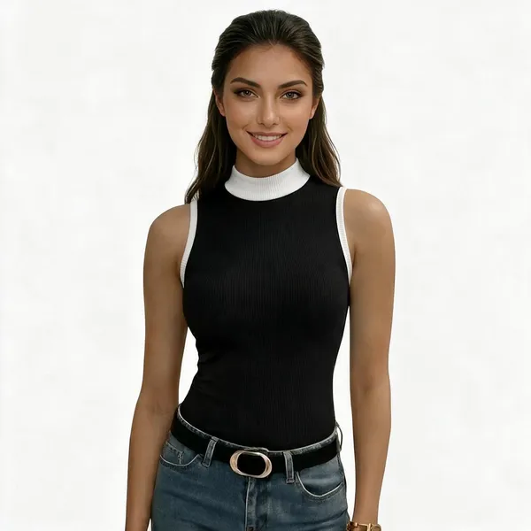 Black_Rib_Sleeveless_High_Neck_Top_For_Women