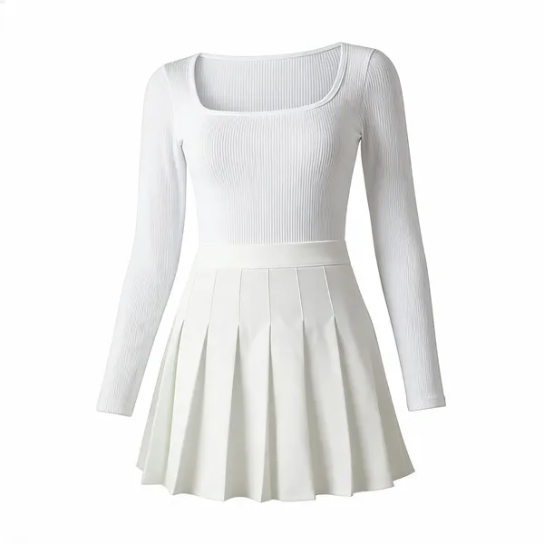 White_Rib_Square_Neck_Fit_And_Flare_Dress_For_Women