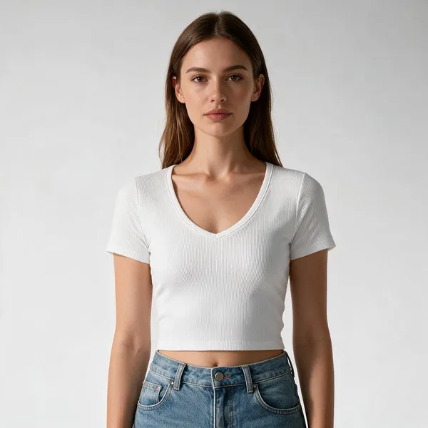 White_Rib_Slim_Fit_Short_Sleeve_V-Neck_Crop_Top_For_Women