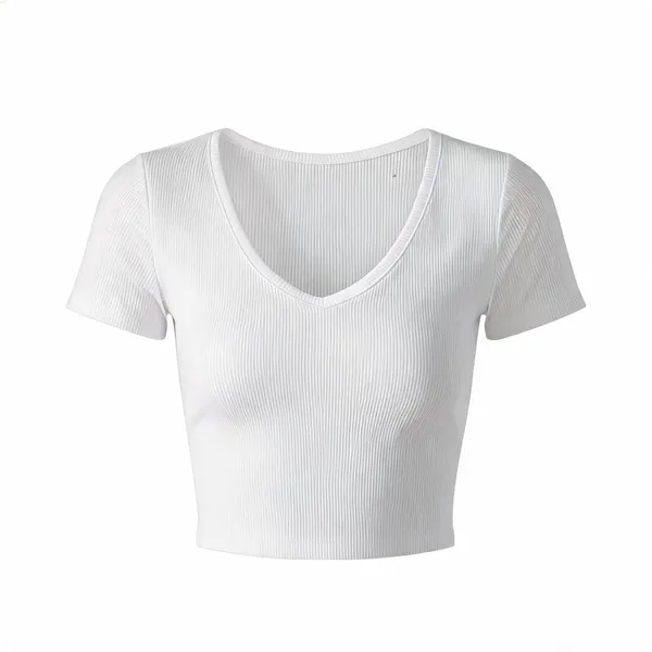 White_Rib_Slim_Fit_Short_Sleeve_V-Neck_Crop_Top_For_Women