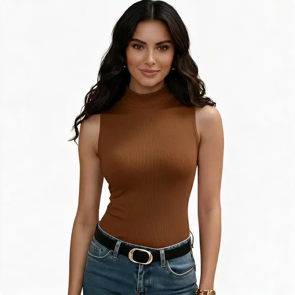 Brown_Rib_Sleeveless_Fitted_High_Neck_Top_For_Women