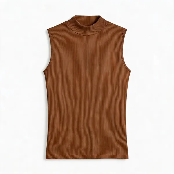 Brown_Rib_Sleeveless_Fitted_High_Neck_Top_For_Women