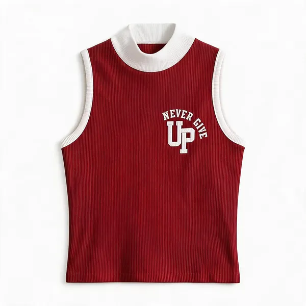 Red_Rib_High_Neck_Sleeveless_Fitted_Top_For_Women