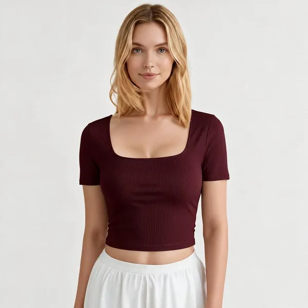 Maroon_Rib_Half_Sleeve_Square_Neck_Crop_Top_For_Women