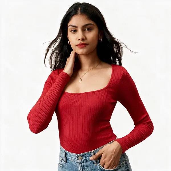 Red_Rib_Square_Neck_Fitted_Top_For_Women