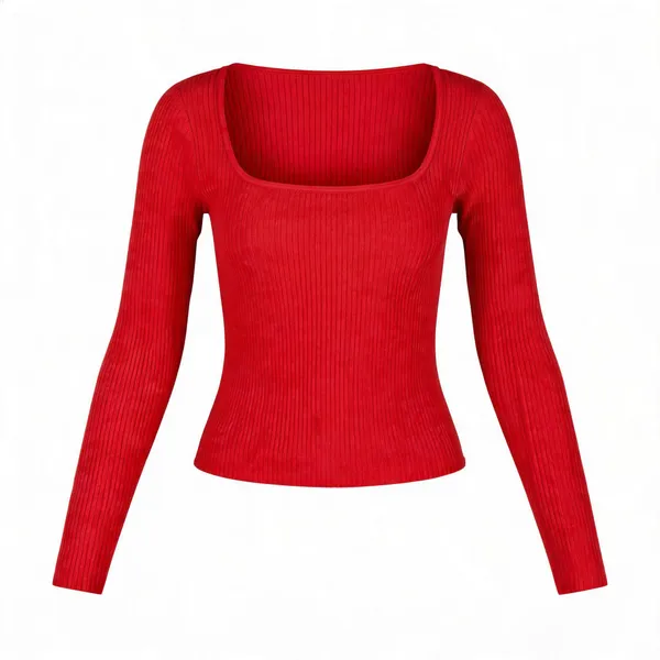 Red_Rib_Square_Neck_Fitted_Top_For_Women