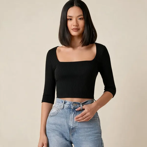Black_Rib_Half_Sleeve_Square_Neck_Crop_Top_For_Women