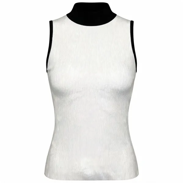 White_Rib_Sleeveless_High_Neck_Fitted_Top_For_Women