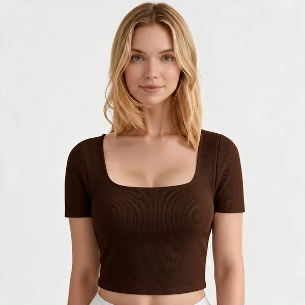 Brown_Rib_Half_Sleeve_Square_Neck_Crop_Top_For_Women