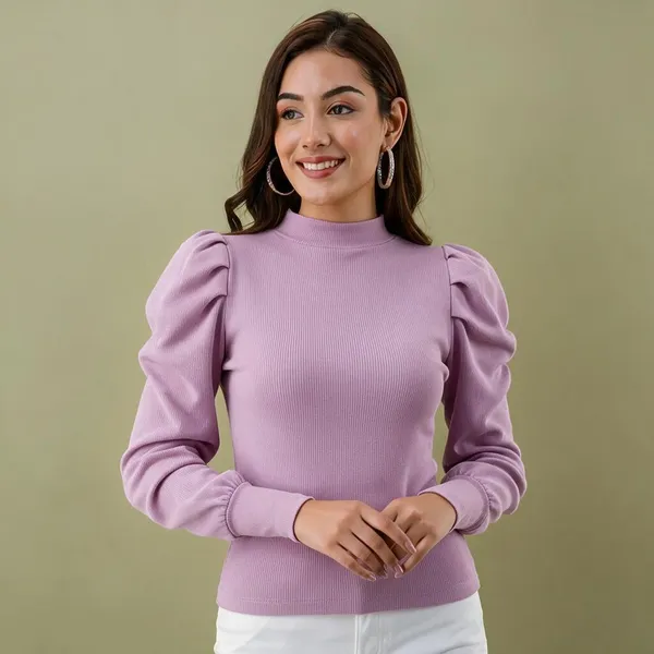 Lavender_Rib_Puff_Sleeve_High_Neck_Top_For_Women