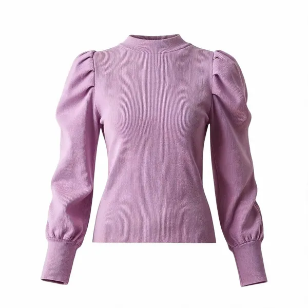 Lavender_Rib_Puff_Sleeve_High_Neck_Top_For_Women