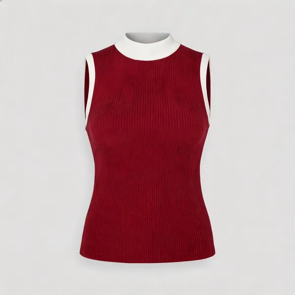 Red_Rib_Sleeveless_High_Neck_Fitted_Top_For_Women