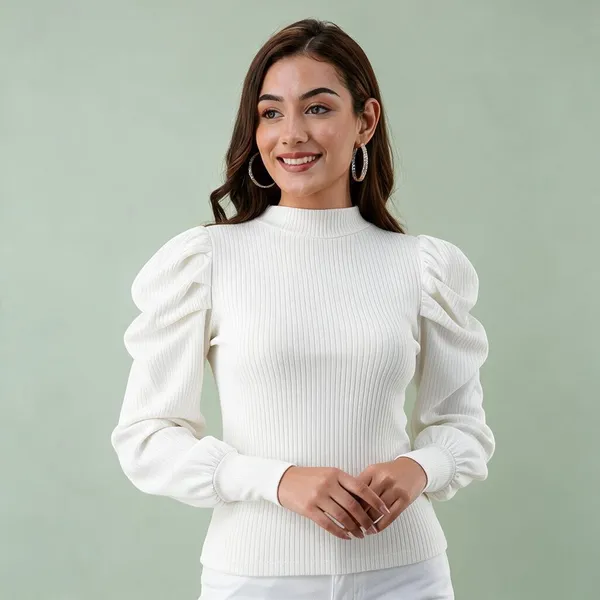 White_Rib_Puff_Sleeve_High_Neck_Top_For_Women