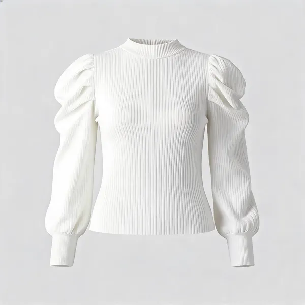 White_Rib_Puff_Sleeve_High_Neck_Top_For_Women