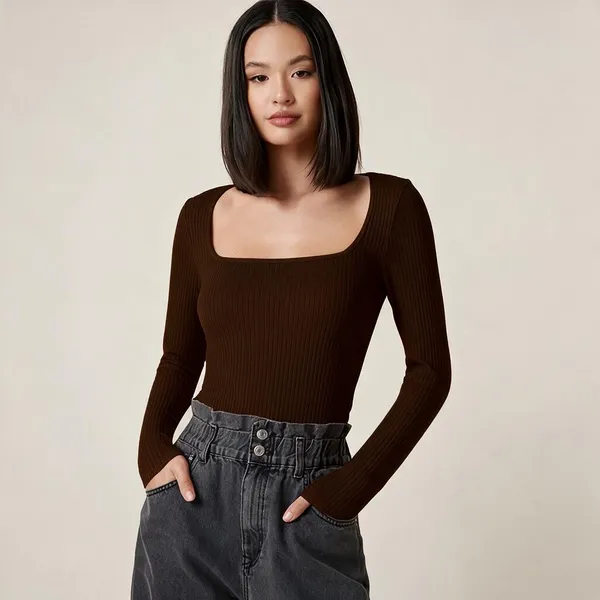 Brown_Rib_Long_Sleeve_Square_Neck_Top_For_Women