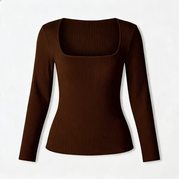 Brown_Rib_Long_Sleeve_Square_Neck_Top_For_Women