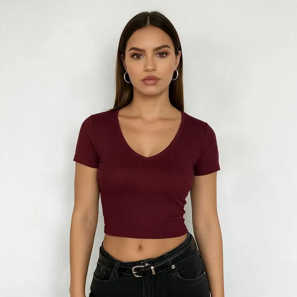 Maroon_Rib_V-Neck_Crop_Top_For_Women