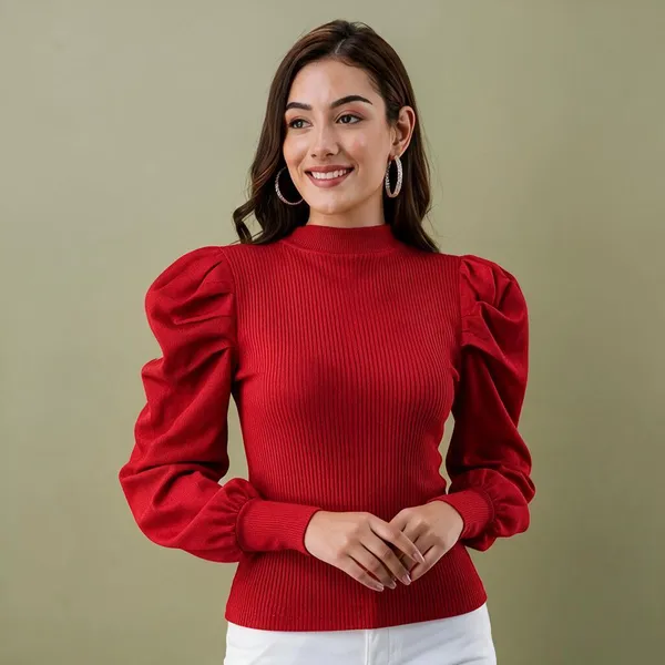 Red_Rib_Puff_Sleeve_High_Neck_Top_For_Women