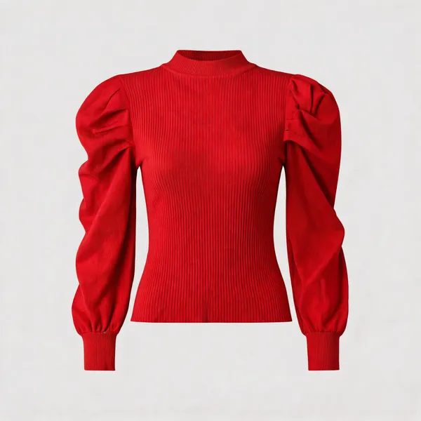 Red_Rib_Puff_Sleeve_High_Neck_Top_For_Women