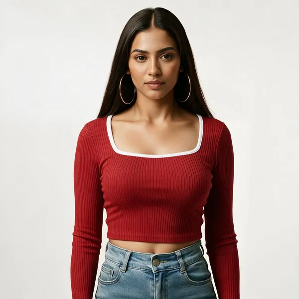 Red_Rib_Slim_Fit_Contrast_Crop_Top_For_Women