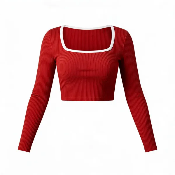 Red_Rib_Slim_Fit_Contrast_Crop_Top_For_Women