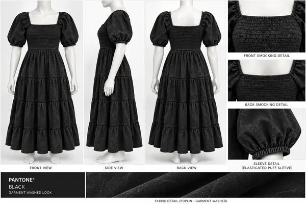 Black_Poplin_Smocked_Tiered_Dress_for_Women_With_Garment_Wash_Effect
