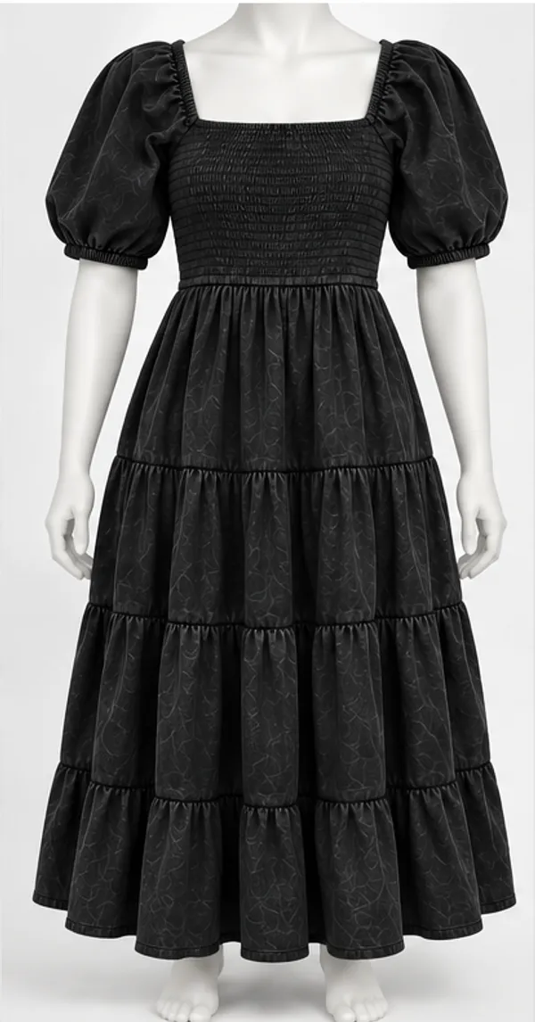 Black_Poplin_Smocked_Tiered_Dress_for_Women_With_Garment_Wash_Effect
