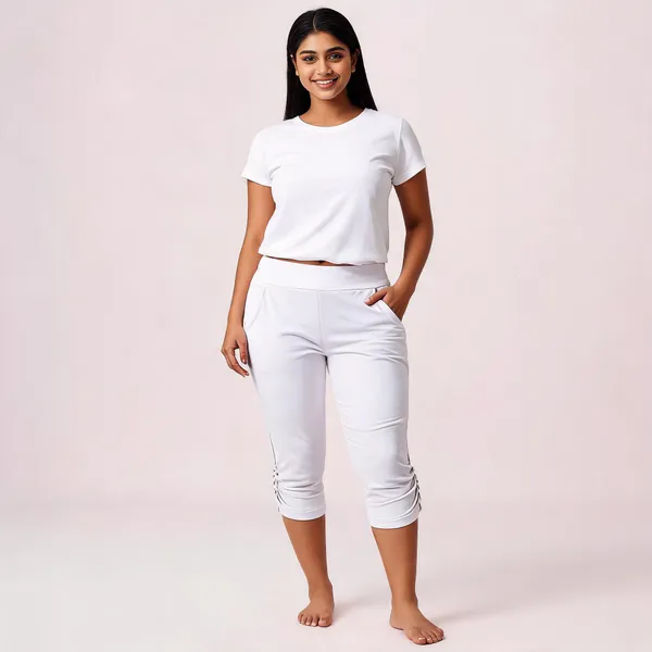 White_Cotton_Lycra_Ruched_Capri_Pants_For_Women