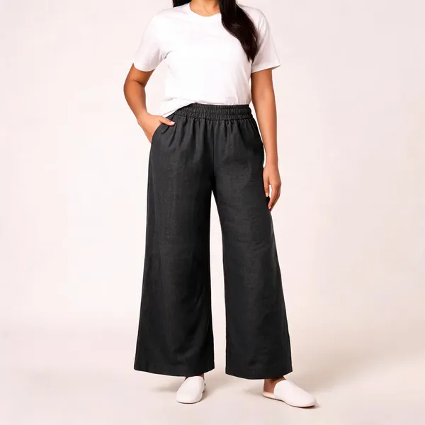 Black_Cotton_Linen_Wide_Leg_Elasticated_Pants_For_Women