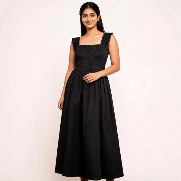 Black_Cotton_Linen_Smocked_Sleeveless_Maxi_Dress_For_Women