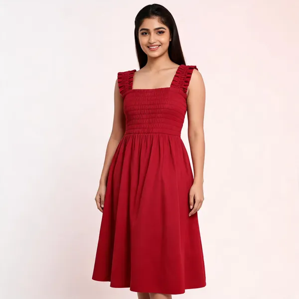 Red_Cotton_Linen_Smocked_Fit_And_Flare_Dress_For_Women