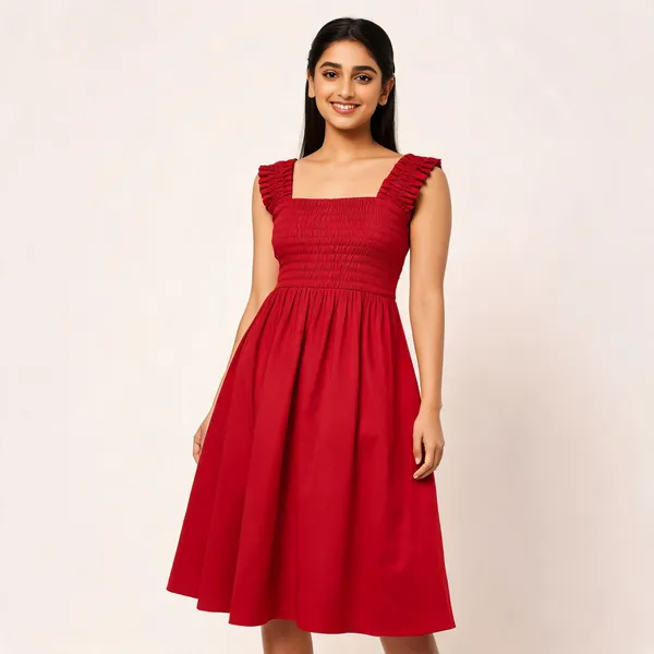 Red_Cotton_Linen_Smocked_Fit_And_Flare_Dress_For_Women