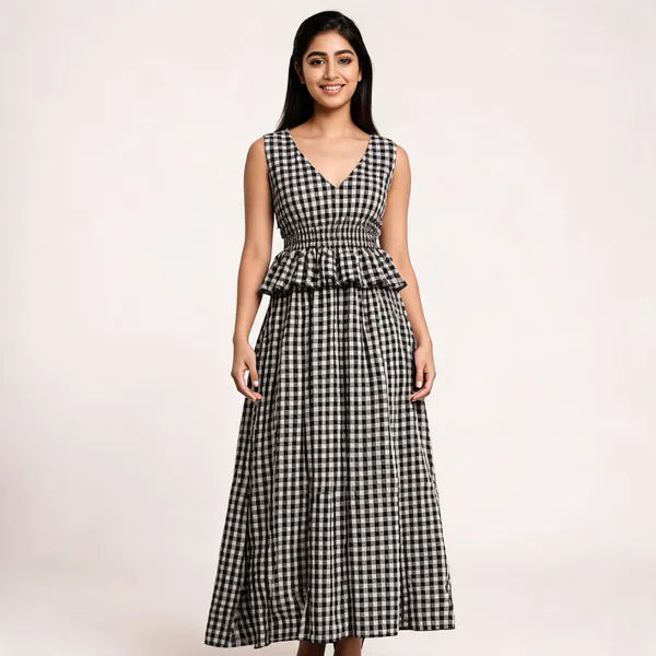 Black_Cotton_Seersucker_Gingham_Maxi_Dress_For_Women