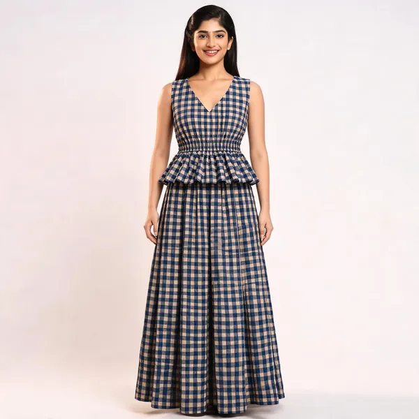 Blue_Cotton_Seersucker_Gingham_Peplum_Maxi_Dress_For_Women
