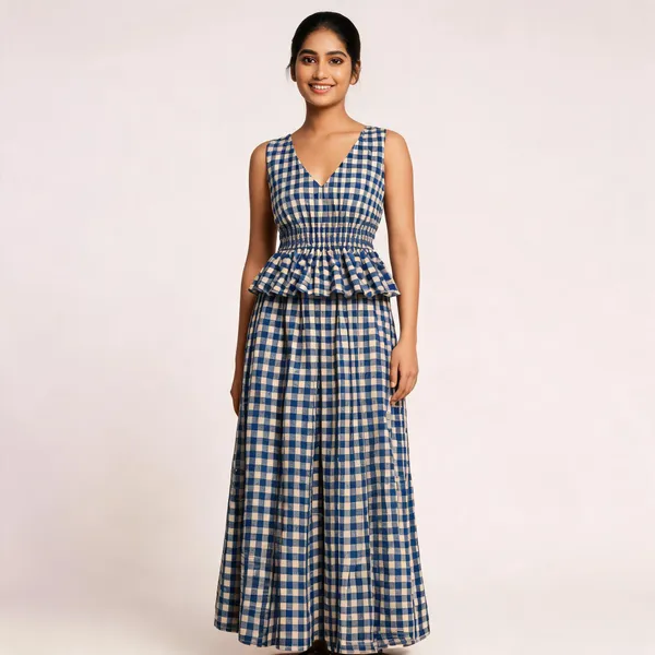 Blue_Cotton_Seersucker_Gingham_Peplum_Maxi_Dress_For_Women