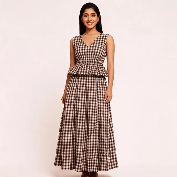 Brown_Cotton_Gingham_Peplum_Co-Ord_Set_For_Women