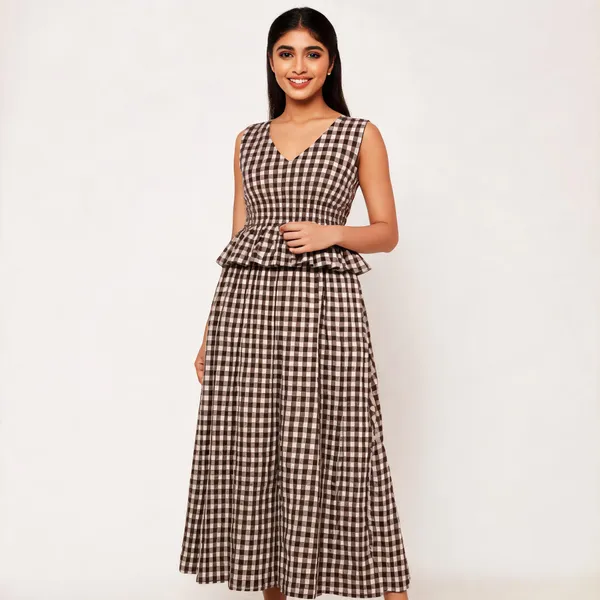 Brown_Cotton_Gingham_Peplum_Co-Ord_Set_For_Women