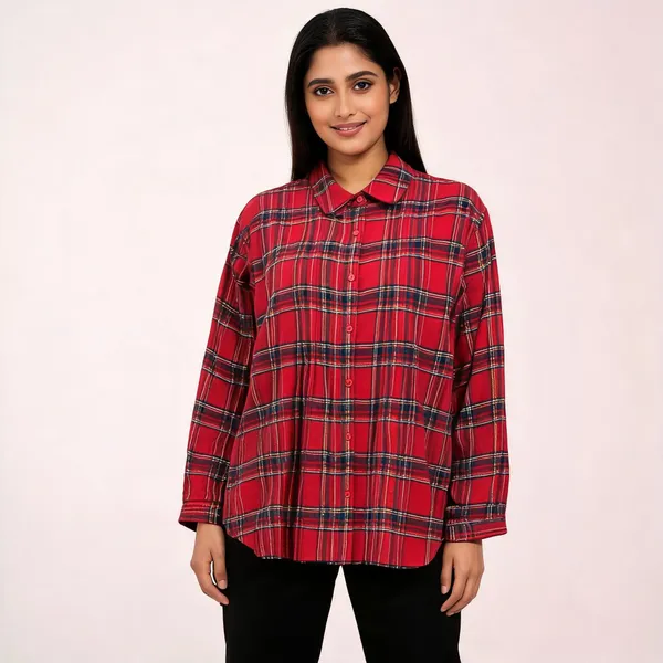 Red_Cotton_Loose_Fit_Plaid_Shirt_For_Women