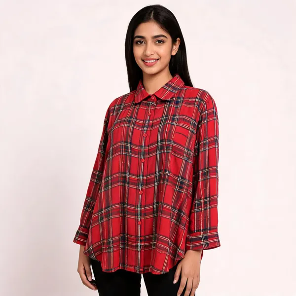Red_Cotton_Loose_Fit_Plaid_Shirt_For_Women