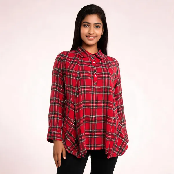 Red_Cotton_Checked_Flared_Tunic_For_Women