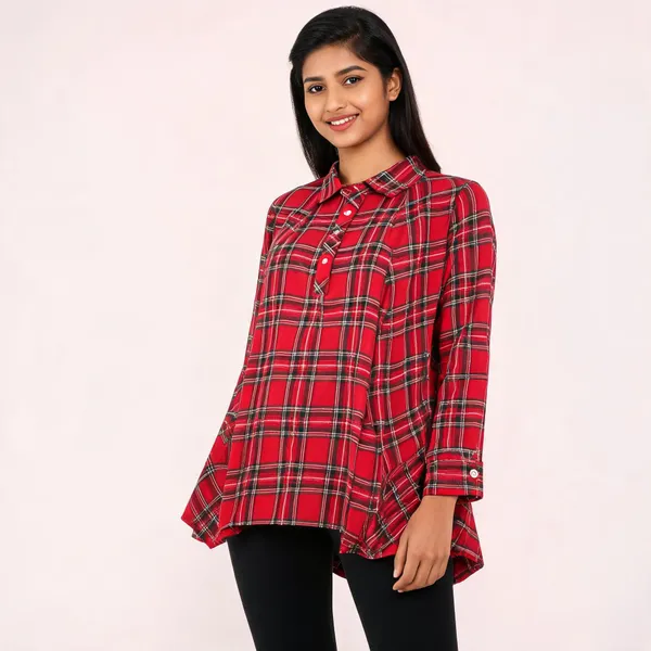 Red_Cotton_Checked_Flared_Tunic_For_Women