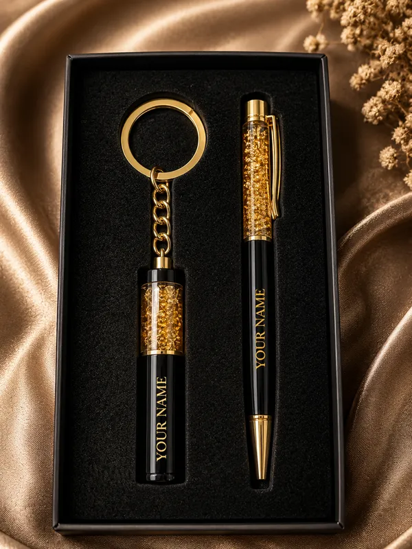 Black_Gold-Tone_Faux_Leather_Personalised_Pen_And_Keychain_Gift_Set_Pack_Of_2